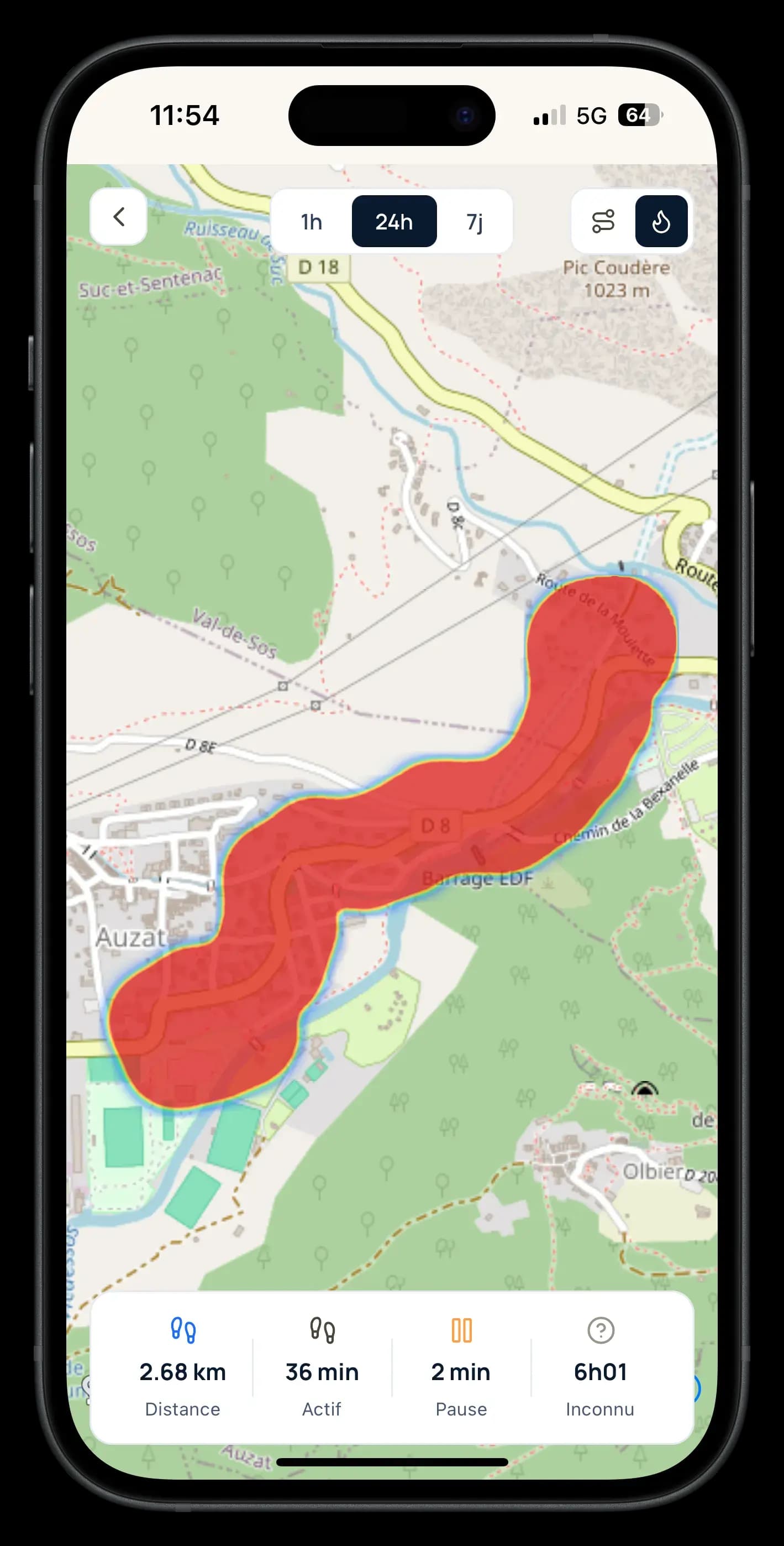 Carte de chaleur des zones favorites d'un animal dans l'app Snifzi