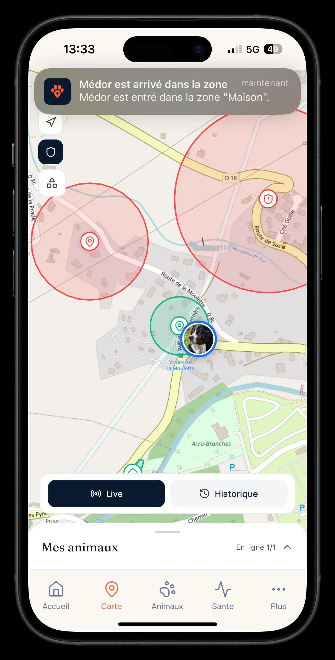 Notification d'alerte de sortie de zone sur l'app Snifzi