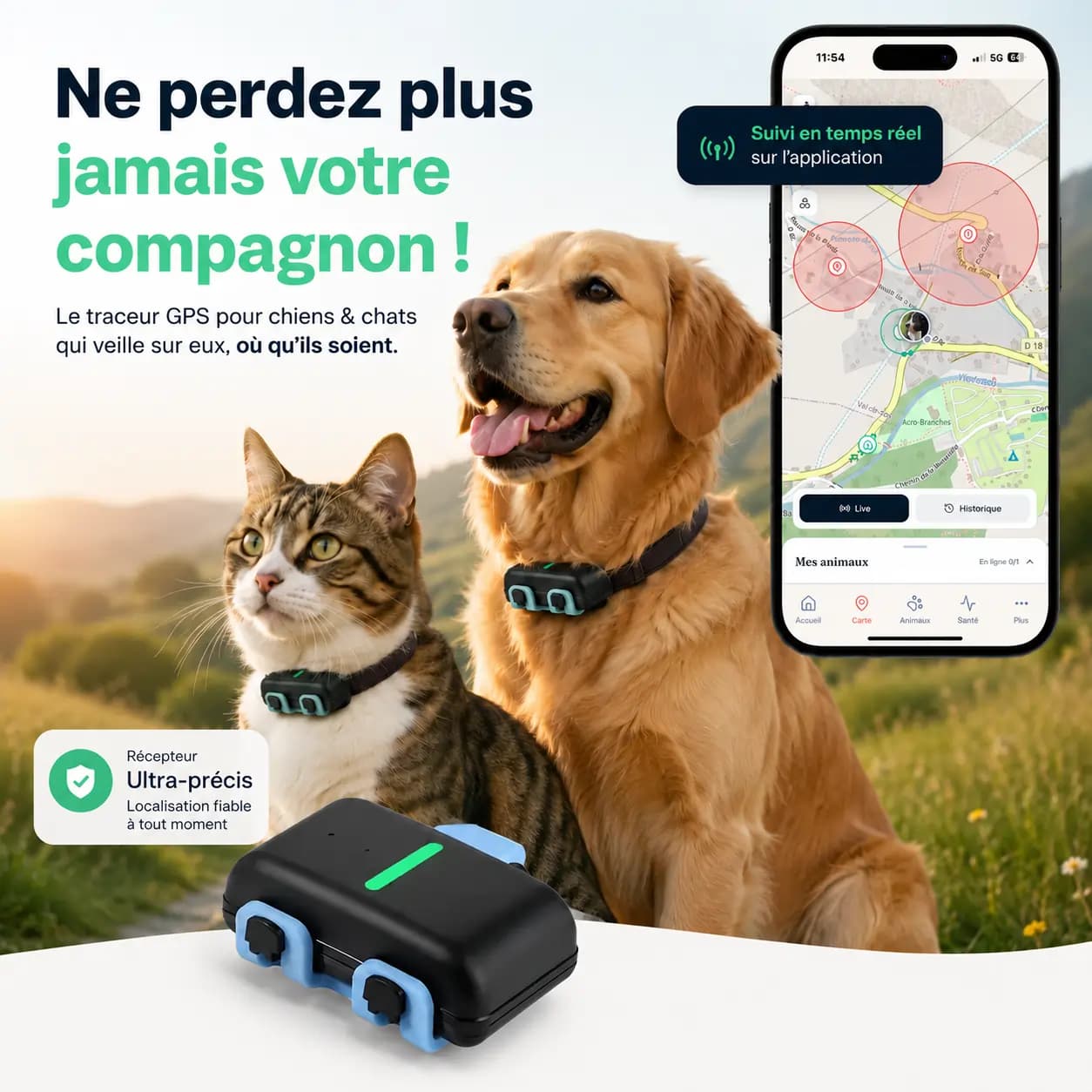 Snifzi P01 sur un chat et un chien avec le traceur en avant plan