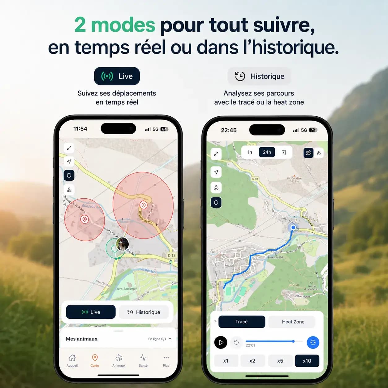 Capture d'écran de l'application mobile avec la carte en mode LIVE ou HISTORIQUE