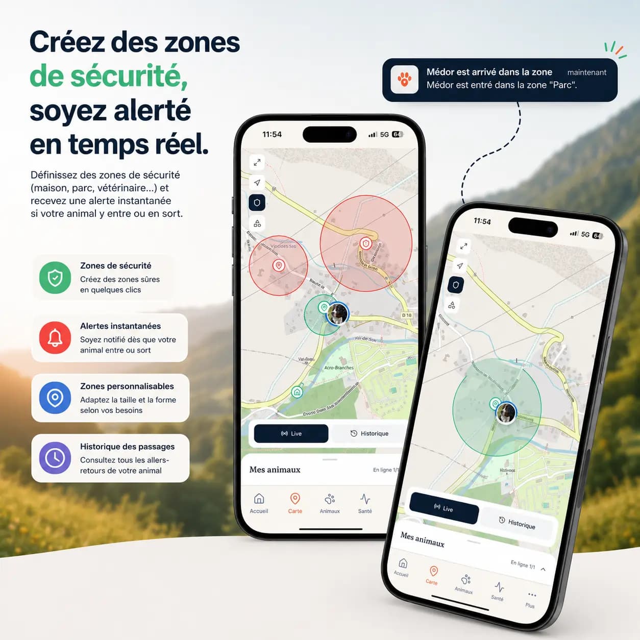 Capture d'écran de l'application mobile montrant les zones de sécurité