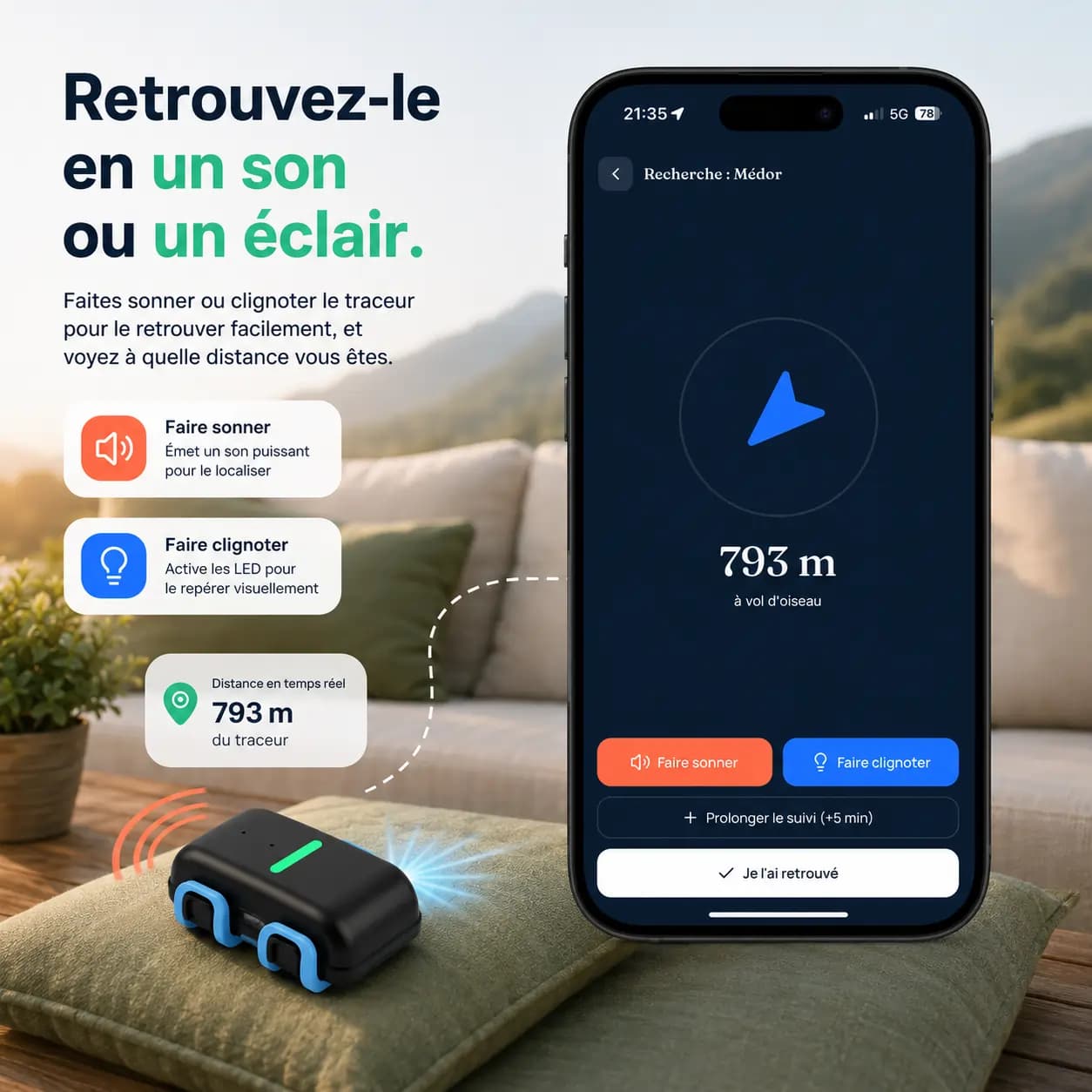 Capture d'écran montrant la fonctionnalité pour faire sonner et clignoter le traceur